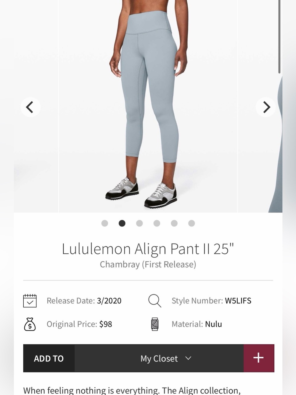 Lululemon Align Pant II 25"
Chambray